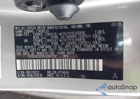 2005 Toyota Sienna Le из США, поврежденный, VIN 5TDZA23C95S307757